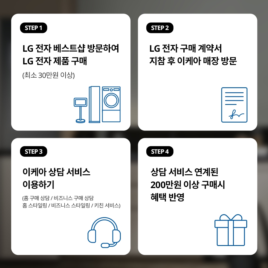 STEP1
LG 전자 베스트샵 방문하여 LG 전자 제품 구매
(최소 30만원 이상)

STEP2
LG 전자 구매 계약서 지참 후 이케아 매장 방문

STEP3
이케아 상담 서비스 이용하기
(홈 구매 상담 / 비즈니스 구매 상담 / 홈 스타일링 / 비지니스 스타일링 / 키친 서비스)

STEP4
상담 서비스 연계된 200만원 이상 구매시 혜택 반영
